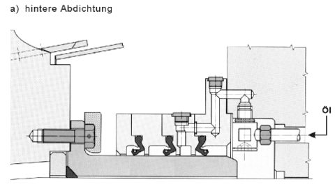 Skizzieren Sie die wesentlichen Teile einer hinteren Stevenrohrlagerung einschließlich Abdichtung.