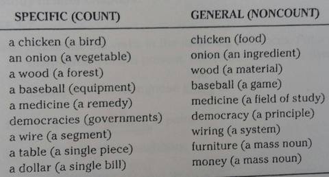 Specific count nouns VS General noncount nouns