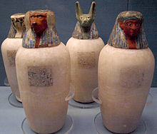 Containers used to hold the internal organs (lungs, stomach, intestines, liver) of the deceased that was going to be mummified; the jars ...