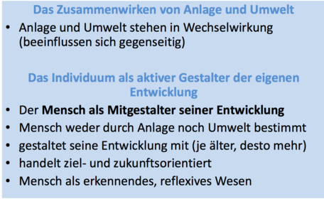 Erklärung von Entwicklung (2) Anlage - Umwelt Individuum als aktiver Gestalter der eigenen Entwicklung