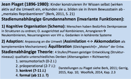 Theorie der kognitiven Entwicklung (Piaget, strukturgenetischer Ansatz) 1. Kognitive Organisation = ? 2.) Adaption .. WElche 4 Stufen gib...