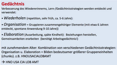 Mittere Kindheit/Schulalter (7-11) 3 Gedächtnisstrategien, die benutzt werden Kombi von GEdächtnisstrategien?