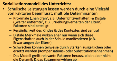Sozialisationsmodell des Unterrichts: Welche 2 Arten von Faktoren? Welche naderen? Was machen die zwei Arten, balbal? Kritik am Modell? W...