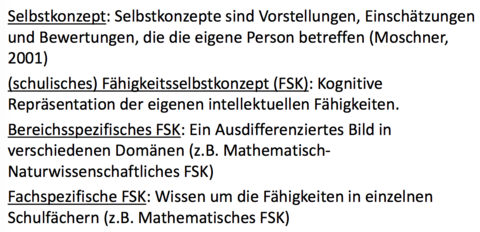 (Fähigkeits-)Selbstkonzept 3 Unterteilungen: schulisches FSK, Bereichsspezifisches FSK, Fachspezifisches FSK
