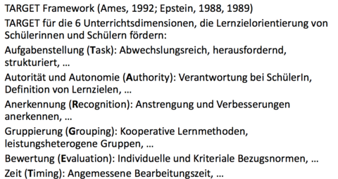Für die Praxis: TARGET für die 6 Unterrichtsdimensionen, die Lernzielorientierung von SuS fördern
