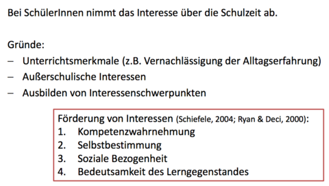 Für die Praxis: Förderung von Interesse im Unterricht Bei SchülerInnen nimmt das Interesse über die Schulzeit ab. Gründe: 4 Faktoren...