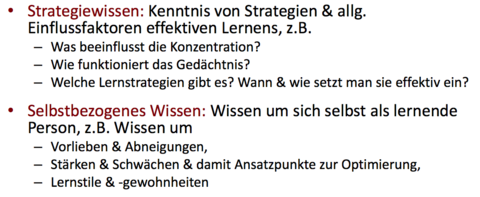 Metakognitive Komponente: Wissen Strategiewissen Selbstbezogenes Wissen