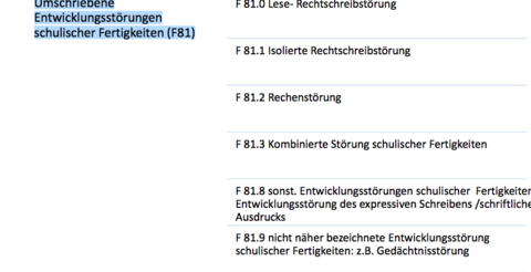 Klassifikation (nach ICD-10) Umschriebene Entwicklungsstörungen schulischer Fertigkeiten (F81)