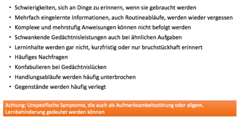 Problembereiche von Kindern mit Gedächtnisstörungen