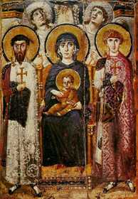 Virgin (Theotokos) and Child between Saints Theodore and George Early Byzantine Europe. Sixth or early seventh century C.E. Encaustic on ...