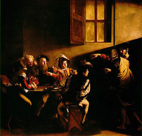 "Calling of Saint Matthew" Caravaggio. c. 1597-1601. Oil on canvas.