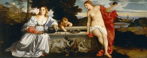 Tiziano Vecellio. "Amor sacro y Amor profano", 1514. Roma, Galleria Borghese. -El desnudo en la naturaleza y la lectura alegórica parecen...