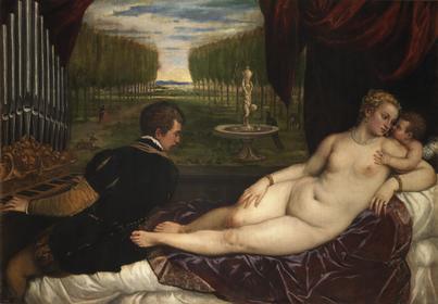 Tiziano Vecellio, "Venus recreándose con el amor y la música". Hacia 1555. Madrid, Museo Nacional del Prado. -Mitología y desnudo de nuev...