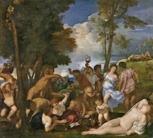Tiziano Vecellio, "La bacanal de los Andrios". 1523-1526. Madrid, Museo Nacional del Prado. -Encargo para el "studiolo" Alfonso I d'Este....