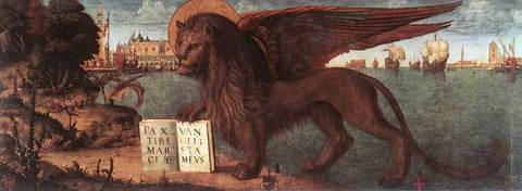 Vitore Carpaccio, "León de San Marcos". 1516. Venecia, Palacio Ducal -San Marcos y la Virgen serán los protectores de Venecia junto a los...