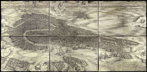 Jacopo de'Barbari, "VENETIE MD. 1500. XIlografía. -Gran testimonio gráfico es esta "veduta" de Barbari. La vista de Venecia como obra mae...