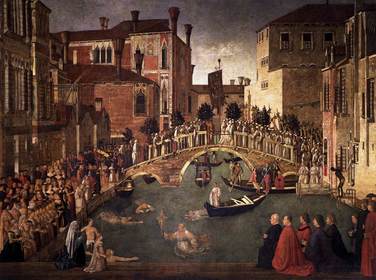 Gentile Bellini, "El milagro de la Vera Cruz en el puente de San Lorenzo" (1500) Venecia, Gallerie dell'Accademia. -Imagen asociada a las...