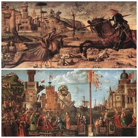 Vitore Carpaccio, "San Jorge, la princesa y el dragón" (1501-1502) Venecia, Scuola de San Giorgio degli Schiavoni / "Encuentro entre Sant...
