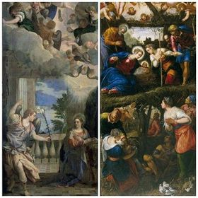 Paolo Veronese, "Anunciación" (1583) San Lorenzo de El Escorial, Real Monasterio de San Lorenzo / Jacopo Tintoretto "Adoración de los pas...