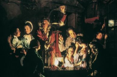 Joseph Wright, Eksperyment z ptakiem w pompie powietrznej (pierwsze takie ukazanie), 1768, racjonalizm