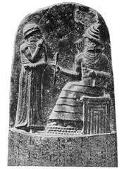 1st written laws; given to people of Ancient Babylon by King Hammurabi; very strict laws based on principle of an eye, a tooth for a tooth