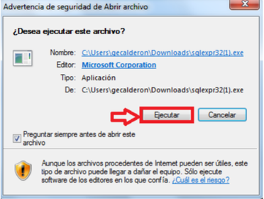Una vez el archivo termine de descargar, debe hacer clic sobre la opción Ejecutar para dar inicio a la instalación del SQL