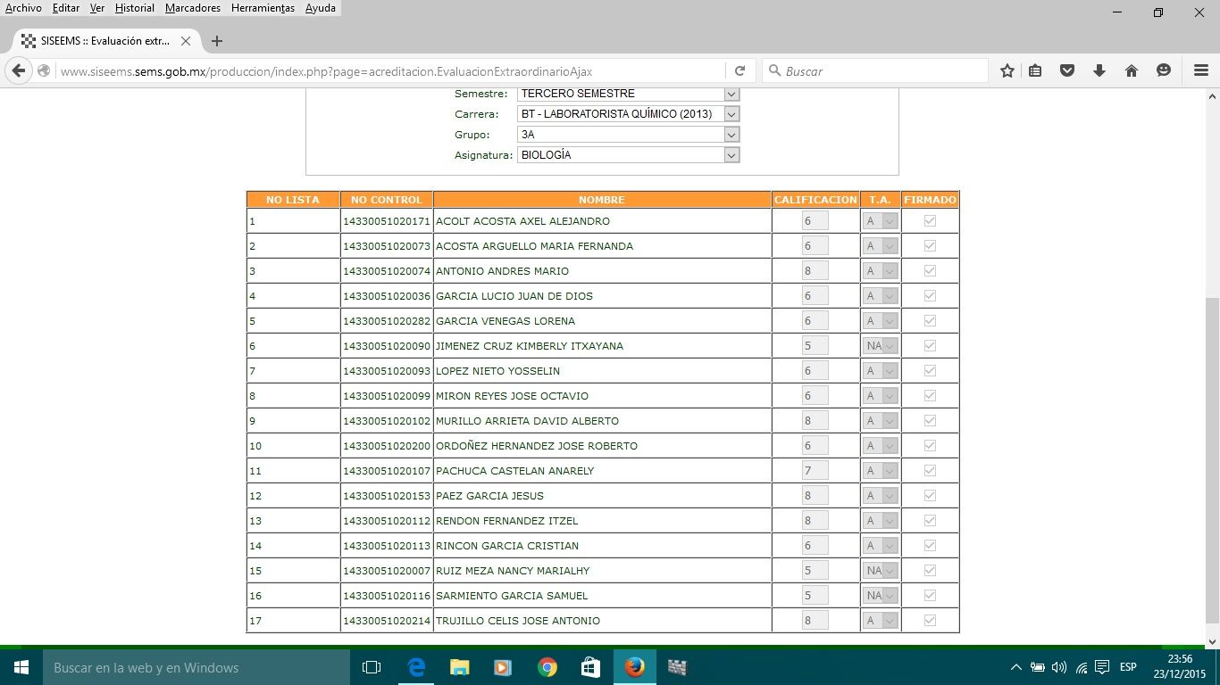 Calificaciones Regularización Extraordinaria Biología