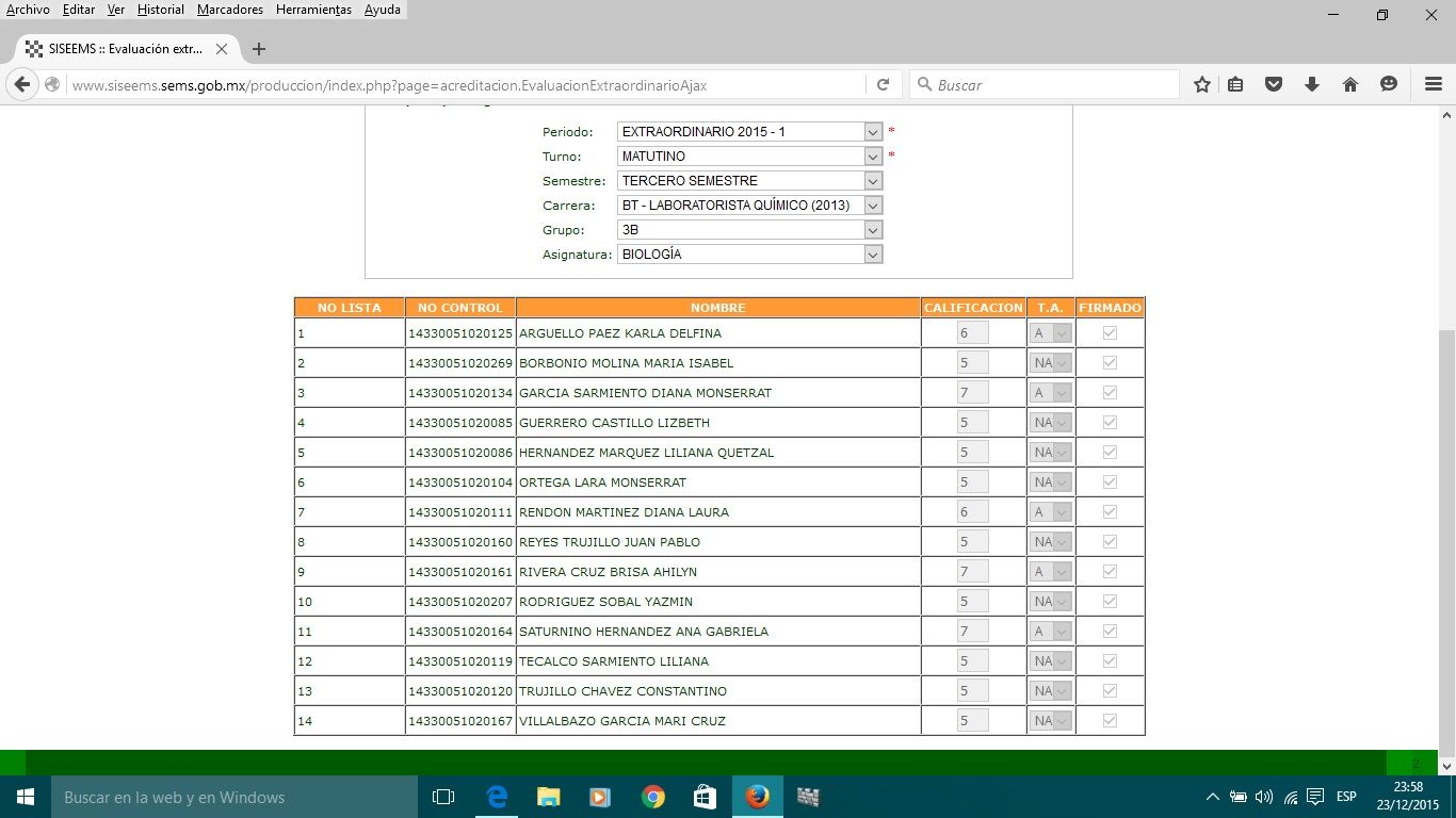 Calificaciones Regularización Extraordinaria Biología