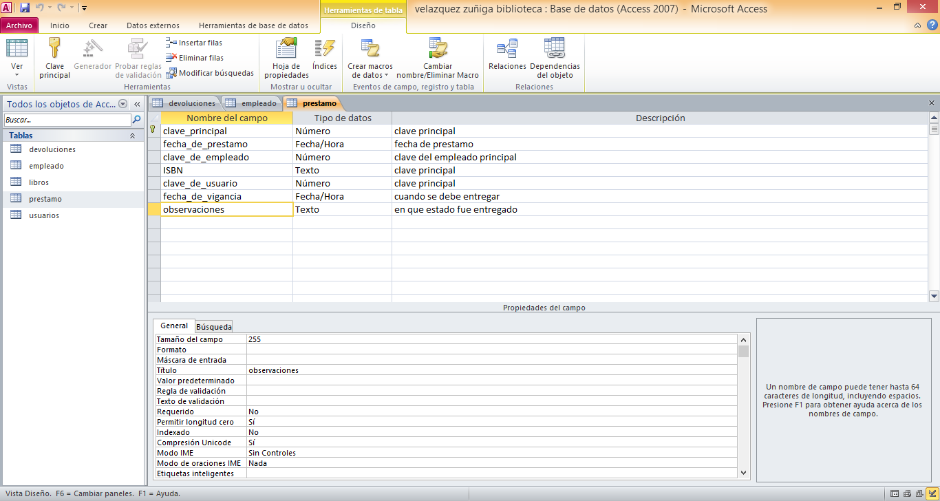 tablas: empleados, prestamos, devoluciones, usuarios y relaciones