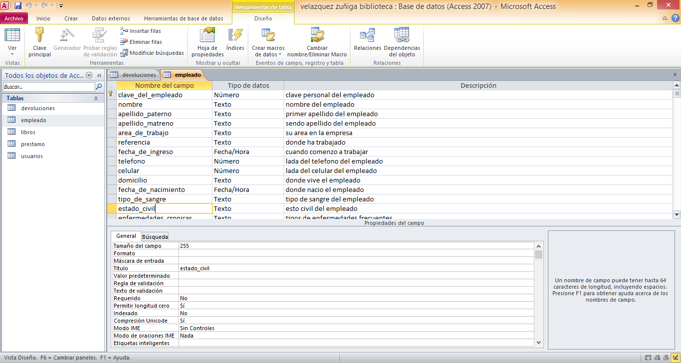 tablas: empleados, prestamos, devoluciones, usuarios y relaciones