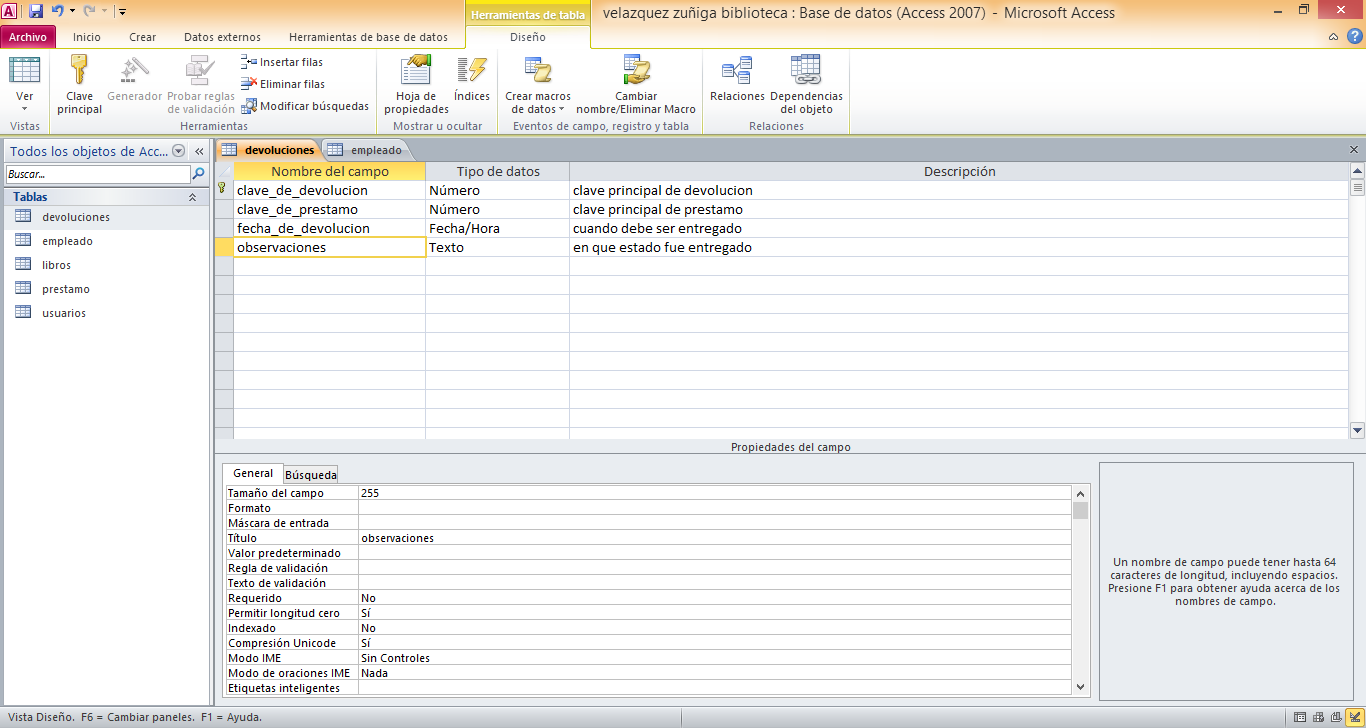 tablas: empleados, prestamos, devoluciones, usuarios y relaciones