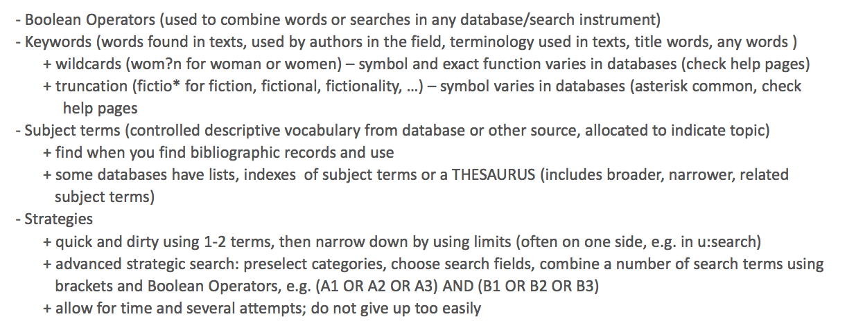 Searching with search terms Boolean Operators Keywords Subject Terms Strategies