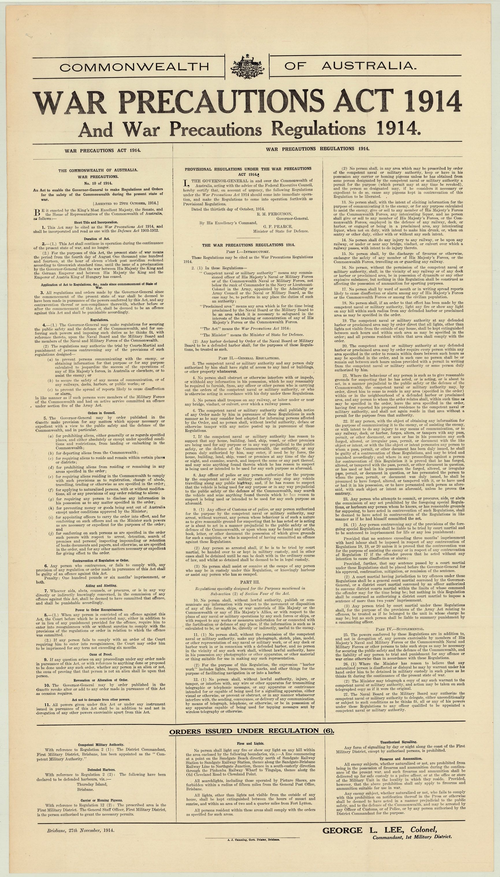 What was the War Precautions Act in 1914?