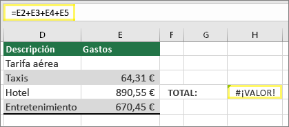 ERROR #¡VALOR! : es la forma que tiene Excel de decir "Hay algo incorrecto en la escritura de la fórmula. O puede que haya algo incorrect...