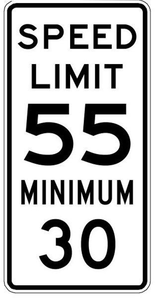 a. max speed 50 mph min speed 30 mph in all conditions b. speed limit is 50 mph, min fine of $50 for violation c. max speed 50 mph, min s...
