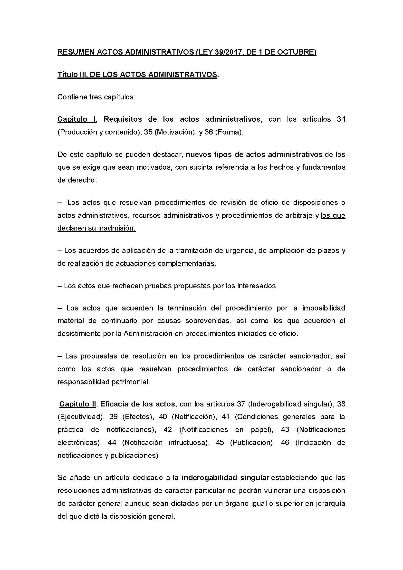 RESUMEN ACTOS ADMINISTRATIVOS (LEY 39/2015, DE 1 DE OCTUBRE)