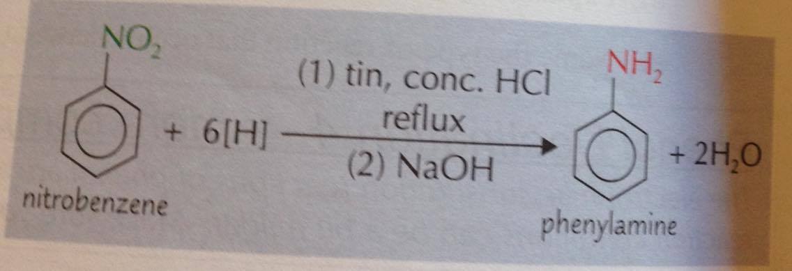 Give the equation for the reduction of a nitrobenzene to form phenylamine