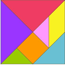 Os triângulos grandes (roxo e vermelho) equivalem a qual fração do Tangram cada um?