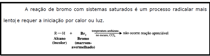 Reações de substituição nucleófilica, radicalar, eliminação e adição eletrofílica.